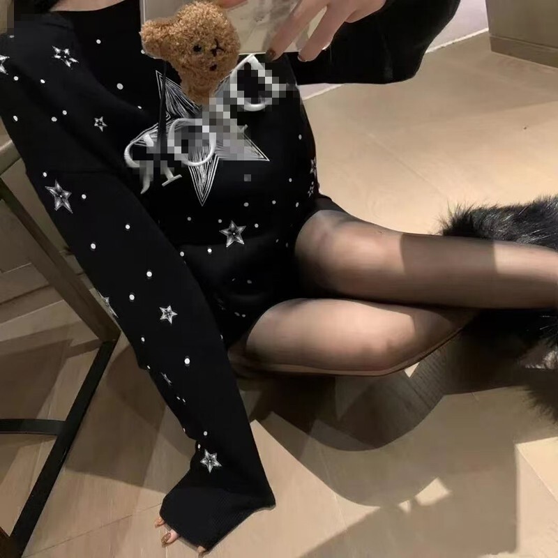 Italian European-Style Heavy-Duty Starry Sky Embroidery Printed Sweater for Women, Long-Sleeve Loose Retro Knit Top
