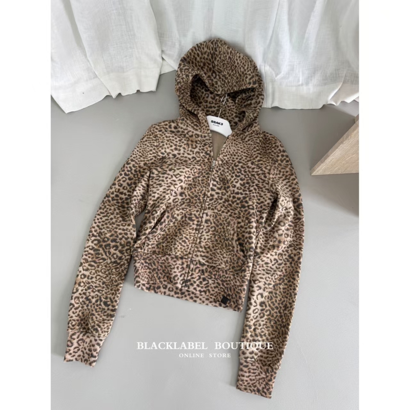 Blacklabel26 Early Autumn American-Style Leopard Print Hooded Cardigan Short Slim-Fit Zip-Up Sweatshirt Casual Retro Jacket Blacklabel26 Early Autumn American-Style Leopard Print Hooded Cardigan Short Slim-Fit Zip-Up Sweatshirt Casual Retro Jacket