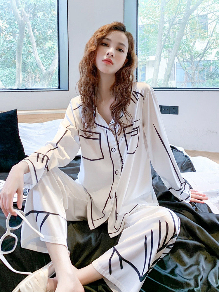 Knocks Machine Series ~ Personality Geometric Stripes SF Elizaba Ice Silk Sleepwear Woman Spring And Autumn Long Sleeve Net Red Bursting
