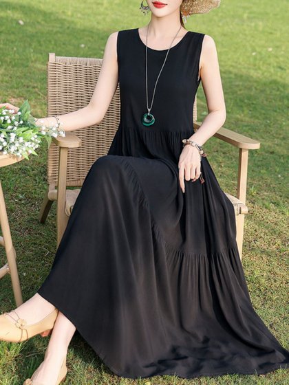 夏季无袖棉绸连衣裙女大码宽松长款过膝新款洋气显瘦高级感蛋糕裙