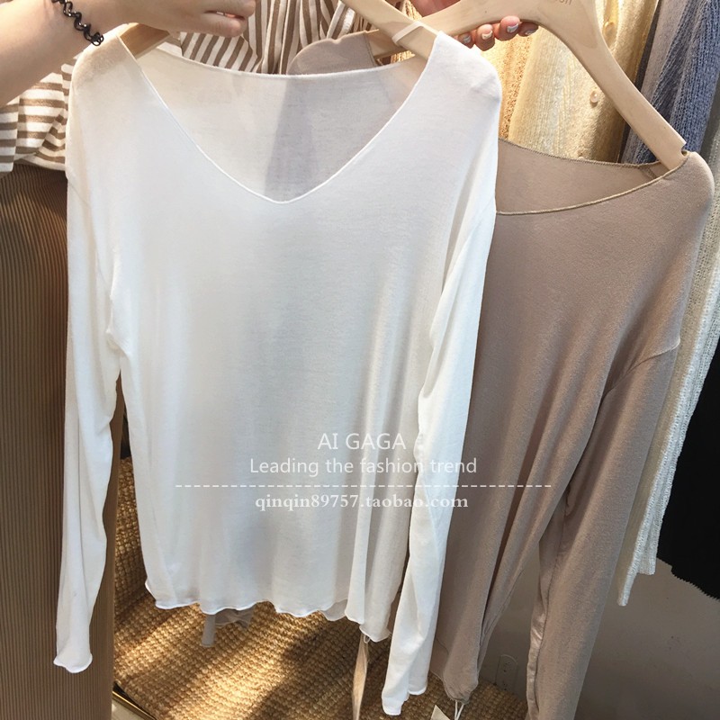 Áo dài mùa thu mới phương thức cotton dài tay áo thun nữ màu rắn sơ mi cỡ lớn áo sơ mi nữ cổ chữ v áo thun tay dài nữ