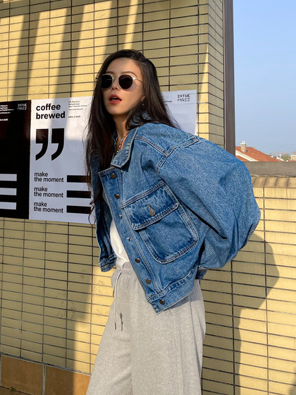 野人珊宽松短款牛仔外套女潮复古港风牛仔服小个子廓形夹克上衣