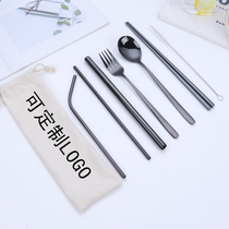 Environmentally friendly 304 stainless steel straw spoon fork chopsticks tableware milk tea straw seven-piece set opening gift LOGO customization