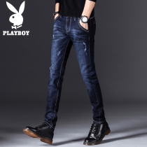 Playboy dark blue jeans mens 2019 spring and autumn new mens nine-point pants slim handsome mens pants