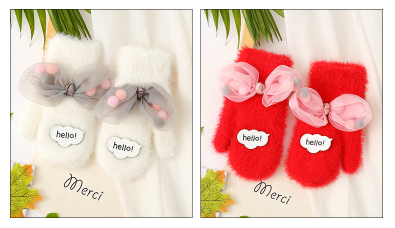 Детские перчатки, удерживающий тепло утепленный демисезонный детский милый комплект с бантиком 