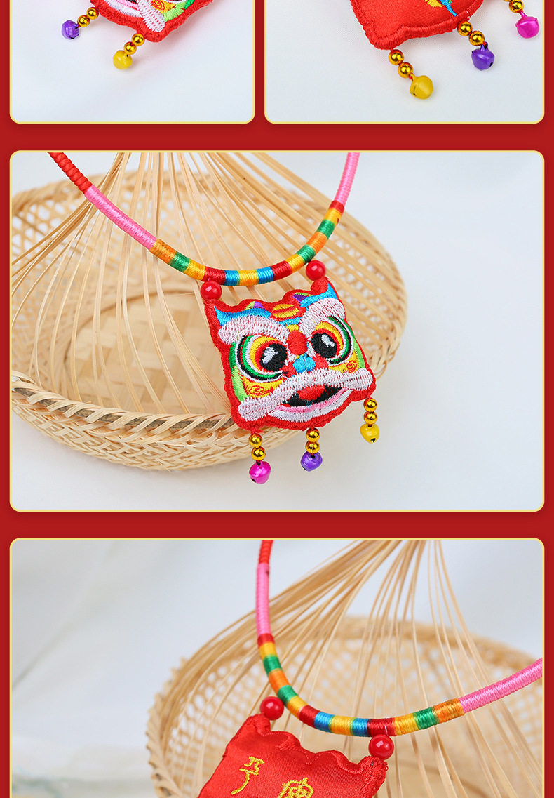 Ожерелье 五彩绳长命锁手工刺绣平安锁宝宝婴儿童虎头项圈挂饰项炼香囊抓周