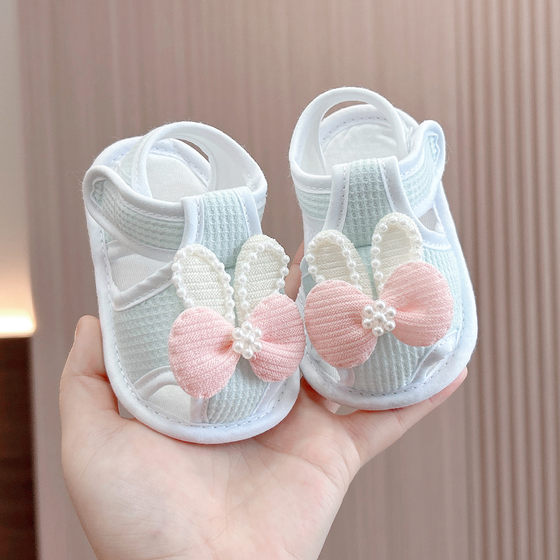 夏季婴儿布凉鞋0-1岁女宝宝软底防滑学步鞋新生不掉鞋子透气薄款2