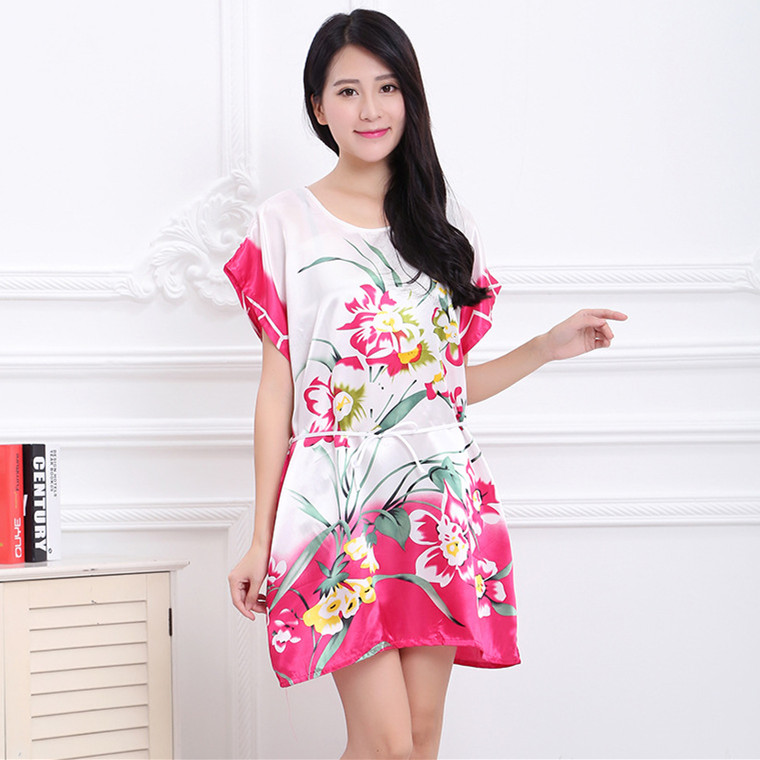 Xia Xin nữ ngắn tay lụa nightdress thanh lịch mượt nữ gió eo băng thông lỏng kích thước lớn ăn mặc đồ ngủ dịch vụ nhà