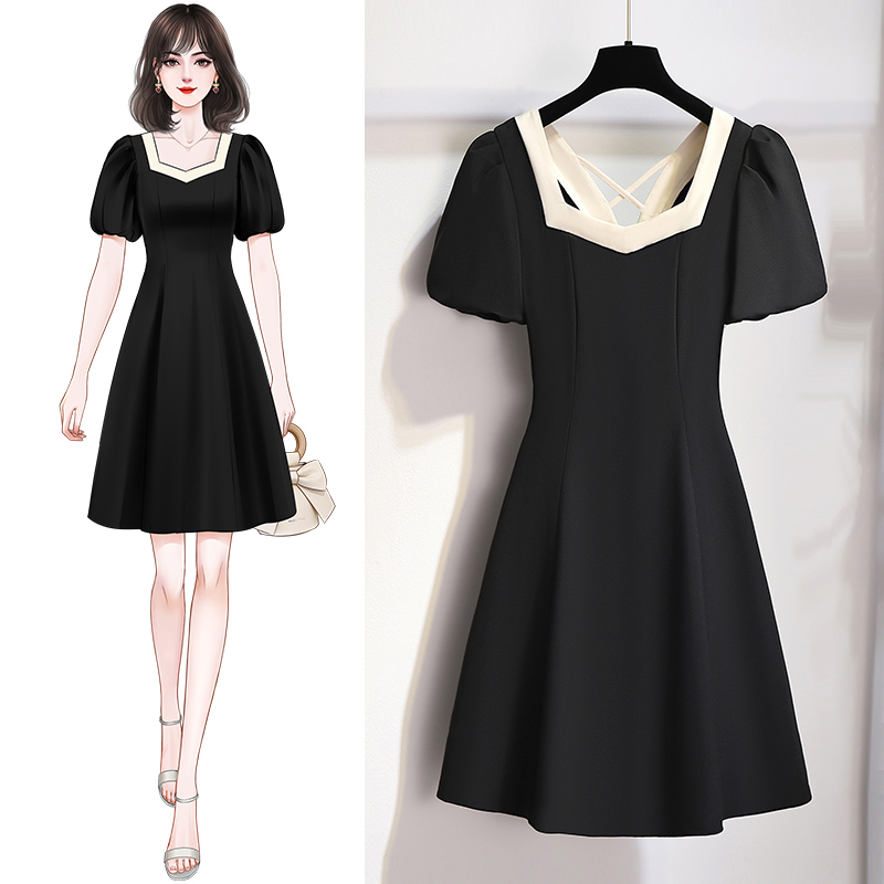 French-Style Vintage Square-Neck Little Black Dress 2025 Summer New Black Hepburn-Style High-End Dress 7019
