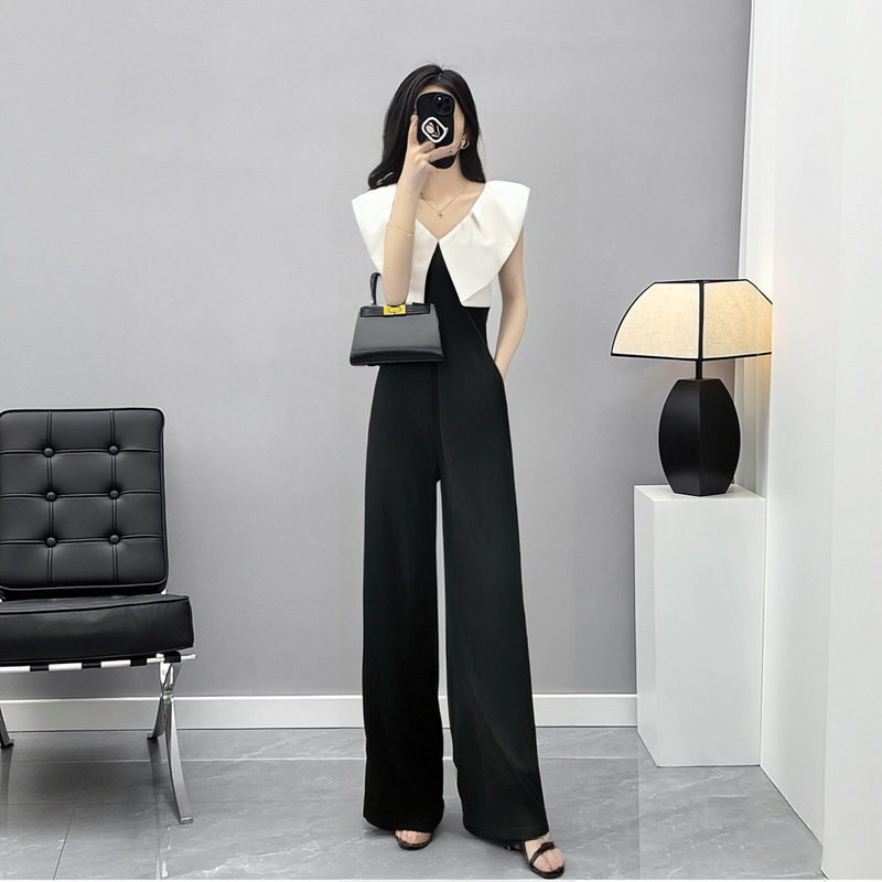 Black Color-Block High-Waisted Slimming Wide-Leg Jumpsuit, Elegant and Versatile Wide-Leg Pants, Summer Jumpsuit D2098A