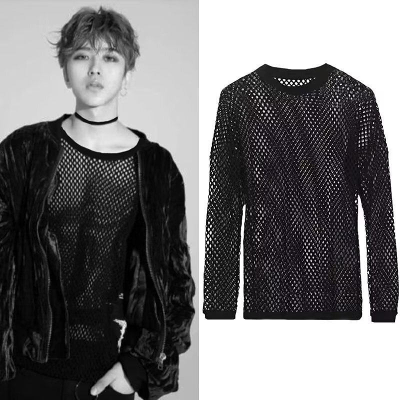 Mesh Hollow-Out Threaded Round-Neck Long-Sleeve T-Shirt, Unisex Stage Style, Personalized Fashion Fishnet Breathable Top Blouse