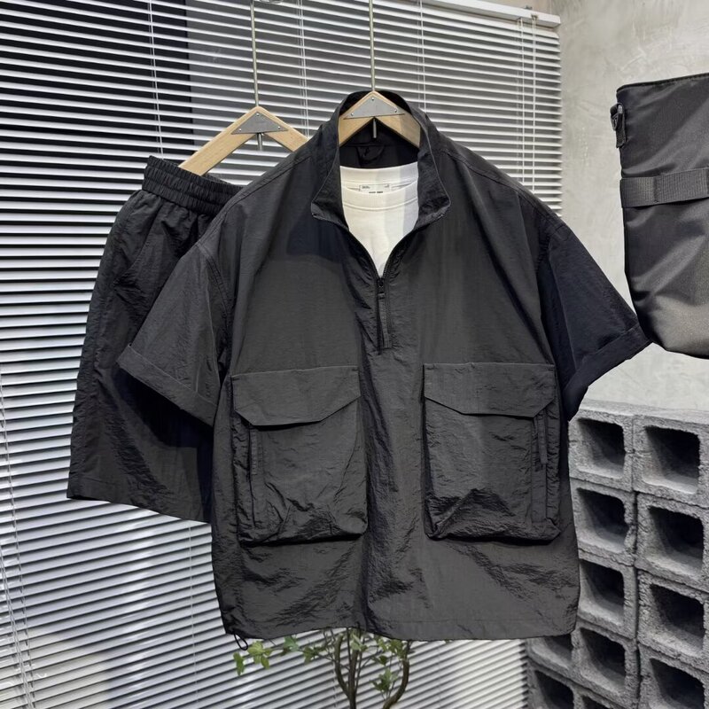 Summer New Men's Quick-Drying Lightweight Short-Sleeved Suit Loose Breathable Jacket Shorts Two-Piece Suit Couple Suit for Men