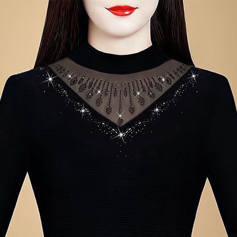 Women's Spring and Autumn Thin Outerwear Base Shirt, New Large Size Lace Long-Sleeve Stylish T-Shirt with Added Fleece Lining