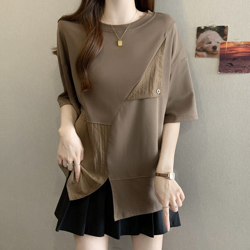 高级感欧货咖色正肩短袖T恤女2026夏季大码微胖mm别致不规则上衣