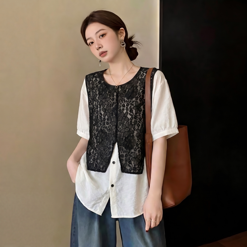 假两件蕾丝镂空正肩短袖衬衫女2026夏季大码胖mm宽松洋气减龄上衣