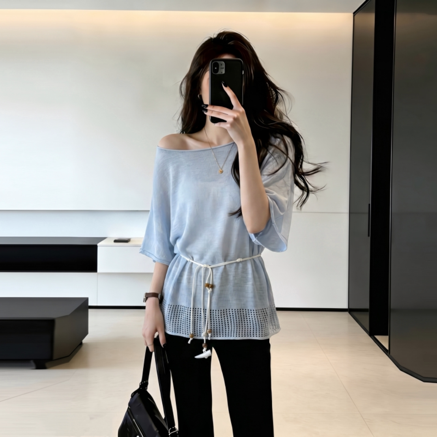 浅蓝色斜露肩短袖T恤女2026夏季大码胖mm外搭罩衫串珠收腰上衣潮