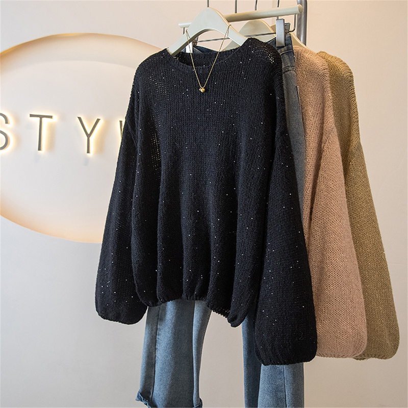 High-End Shiny Black Long-Sleeve Sweater for Women 2025 Autumn and Winter Plus Size Sequin Fine Glitter Knitwear