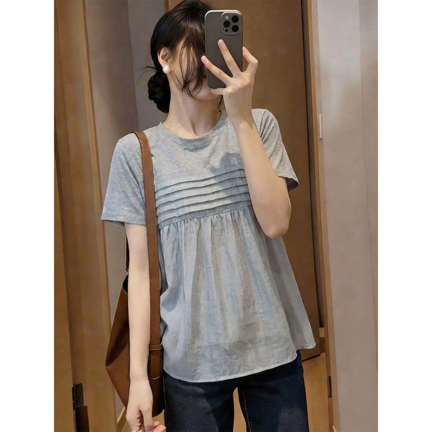 灰色正肩短袖T恤女2026夏季大码胖mm超好看百搭遮肚洋气减龄上衣