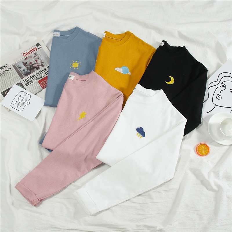 VK旗艦店 韓系寬鬆圖案刺繡防曬衫百搭T恤套頭長袖上衣