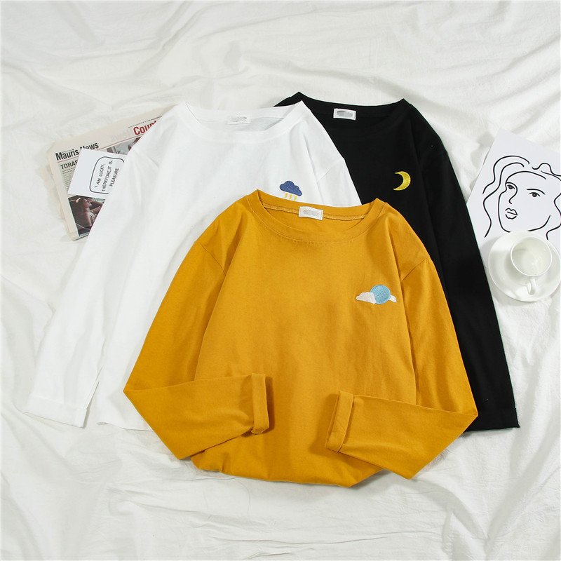 VK旗艦店 韓系寬鬆圖案刺繡防曬衫百搭T恤套頭長袖上衣
