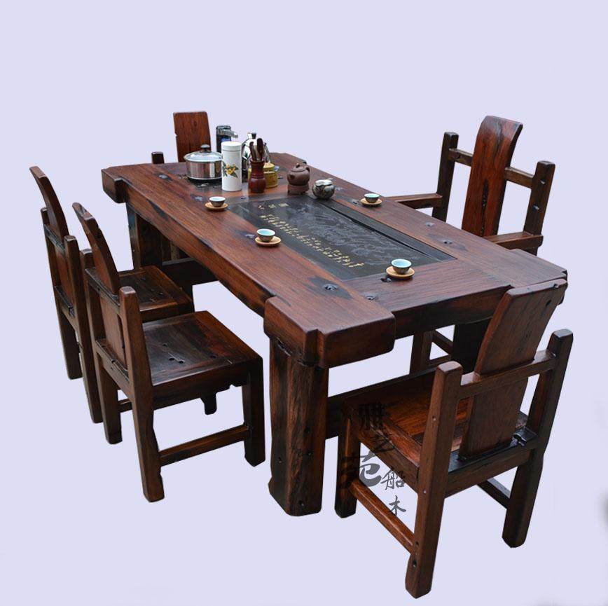 Old boat wood kung fu coffee table solid wood drinking tea table and chair combination shop club tea table economical reception table and chair