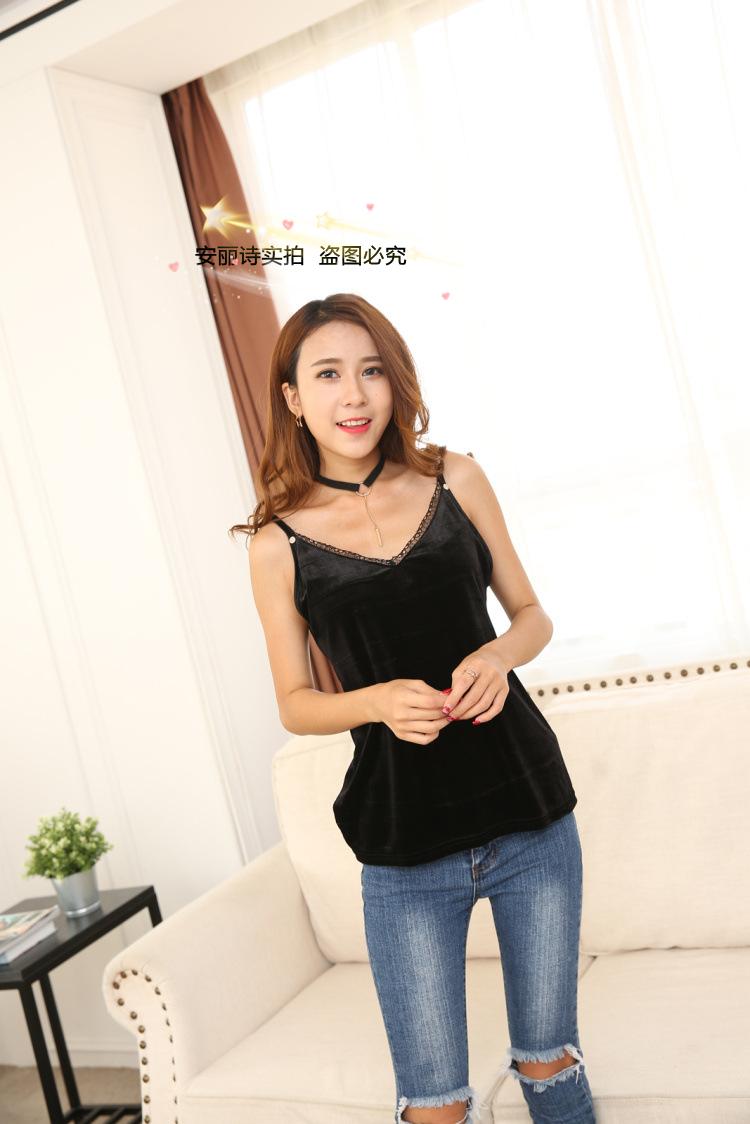Áo vest nhung vàng nữ mùa xuân và mùa thu mới viền mi mỏng viền ren áo sơ mi cổ chữ V hoang dã mặc ngoài áo kiểu nữ