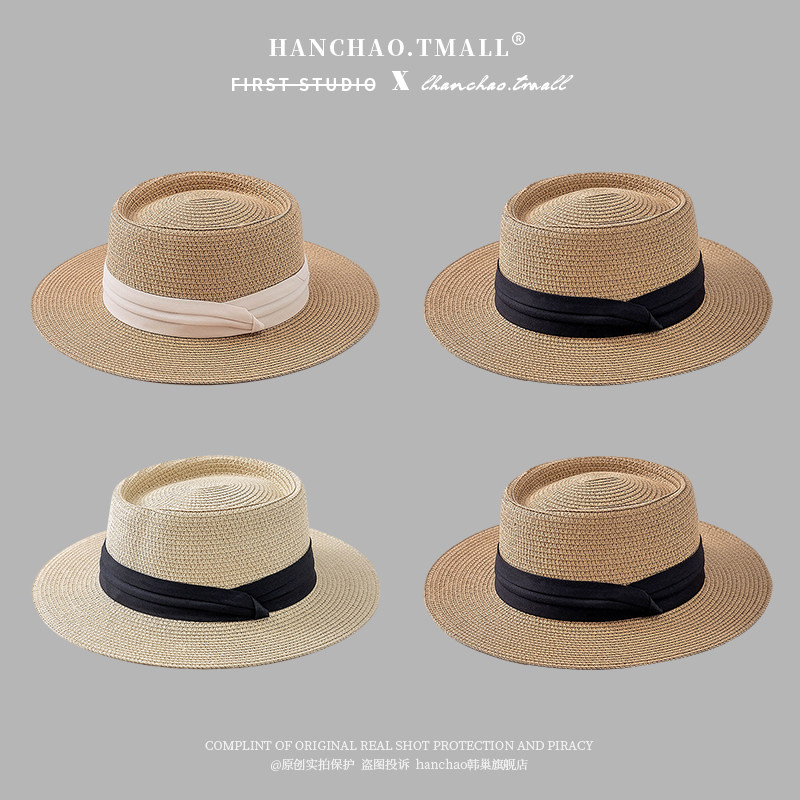 女性用フレンチスタイルの平つば麦わら帽子、夏のビーチバケーション用日よけ帽子、日焼け防止帽子、パナマ平つば帽子。