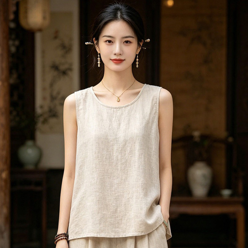 Deer & an Di Summer New Cotton and Linen Women's Tank Top, Summer Outerwear Ramie Sleeveless Top T-Shirt