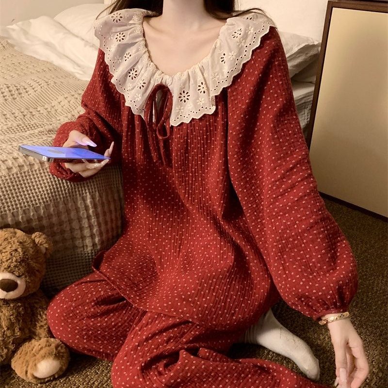 Sweet Lace Polka Dot Pajamas for Women, Spring and Autumn Pure Cotton Long-Sleeved Long Pants Set, Internet Celebrity Style Red Loungewear