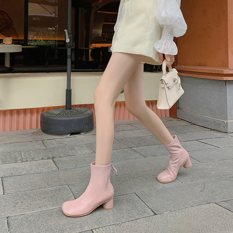 Korean Style 2026 Winter New Genuine Leather Short Boots for Women, Single Boots for Spring and Autumn, Round Toe, Medium Heel, Chunky Heel, Pink Versatile Short Boots