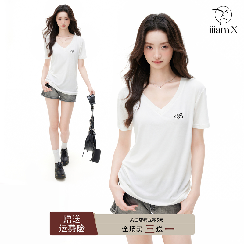 Iiiamx White V-Neck Regular Shoulder T-Shirt for Women, Summer Inner Layering Shirt, Loose Short-Sleeve American Style Top, 2026 New Model