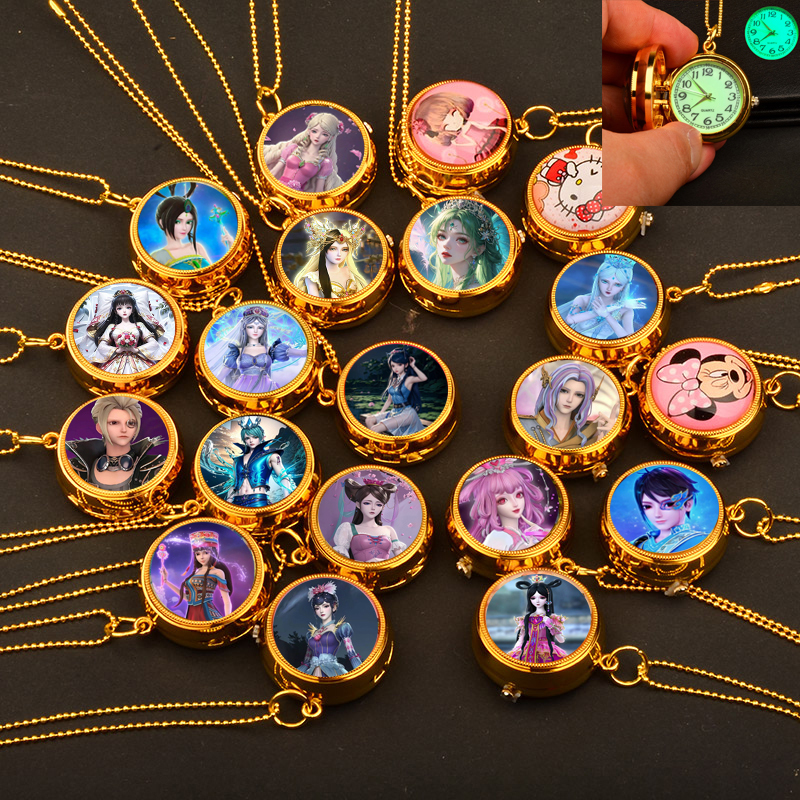 Golden Cartoon Luminous Rotating Necklace Children's Pocket Watch for Boys and Girls, Cute Birthday Gift Quartz Spinning Top Hanging Watch