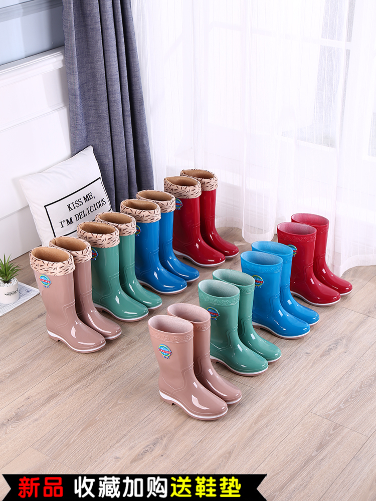 Rain shoes Women's high tube rain boots long tube water boots Water shoes Velvet non-slip rubber shoes galoshes Fashion winter rain shoes medium tube rubber boots