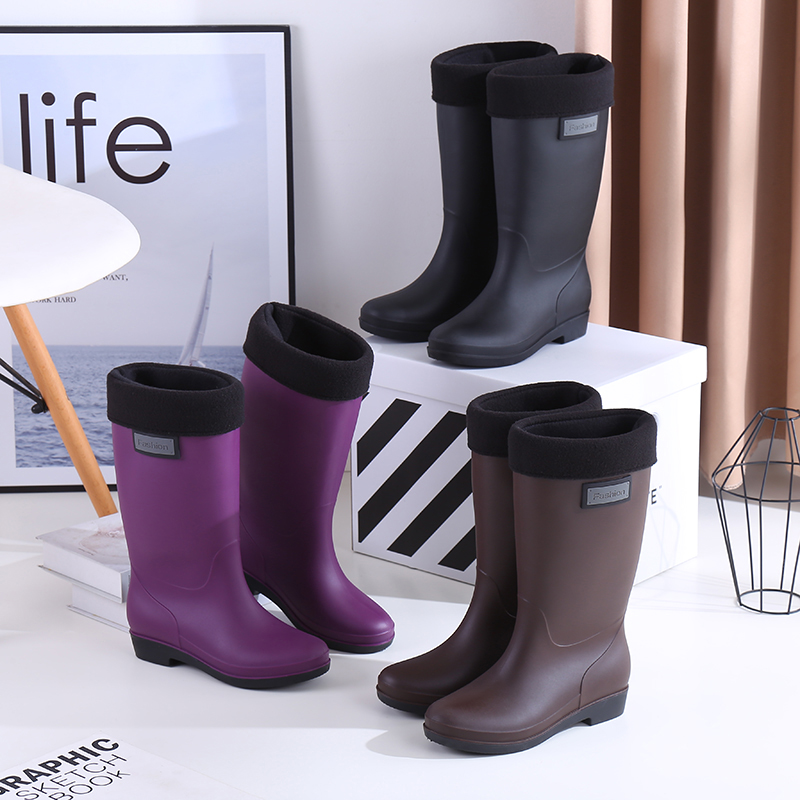 High Cylinder Rain Shoes Women Anti Slip Plus Suede Warm Water Shoes Kitchen Waterproof Glue Shoes Middle Cylinder Ladies Fashion LONG BARREL RAIN BOOTS