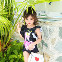New Korean childrens baby girl sweet swimwear one-piece ruffle swimsuit girl cap quick-drying hot spring suit