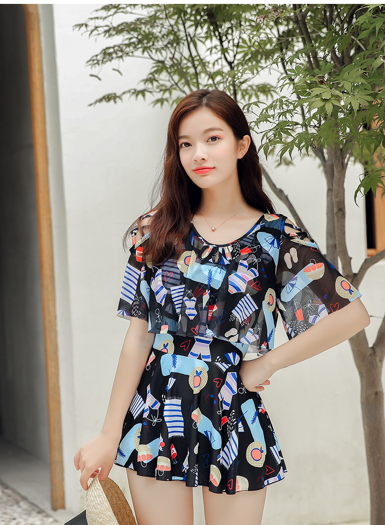 Áo tắm nữ bảo thủ một kiểu váy phẳng góc che bụng nhỏ ngực tụ tập bong bóng mỏng mùa xuân tắm phù hợp với nữ sinh có tay áo - Bộ đồ bơi One Piece đồ bơi liền thân trẻ em