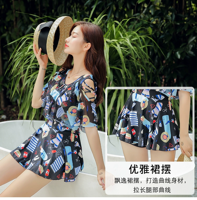 Áo tắm nữ bảo thủ một kiểu váy phẳng góc che bụng nhỏ ngực tụ tập bong bóng mỏng mùa xuân tắm phù hợp với nữ sinh có tay áo - Bộ đồ bơi One Piece