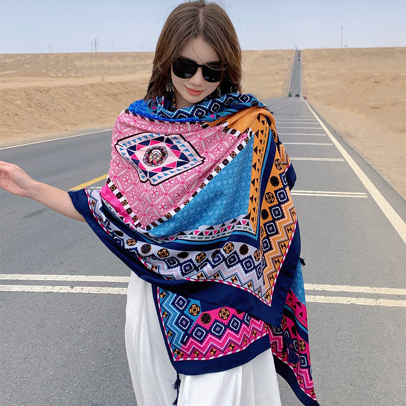 New Style Silk Scarf for Women, Beach Towel, Cotton and Linen Sun Protection Shawl, Bohemian Ethnic Style, Thin Scarf for Seaside Travel and Photography New Style Silk Scarf for Women, Beach Towel, Cotton and Linen Sun Protection Shawl, Bohemian Ethnic Style, Thin Scarf for Seaside Travel and Photography