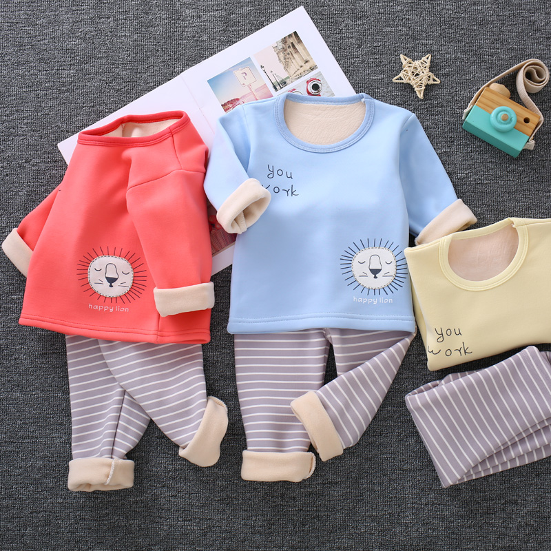 Quần áo ấm cho bé bằng vải cotton 0-1-3 tuổi Đồ lót trẻ em cộng với nhung dày bé trai và bé gái mùa thu đông 2 quần áo lót bé trai cao cấp