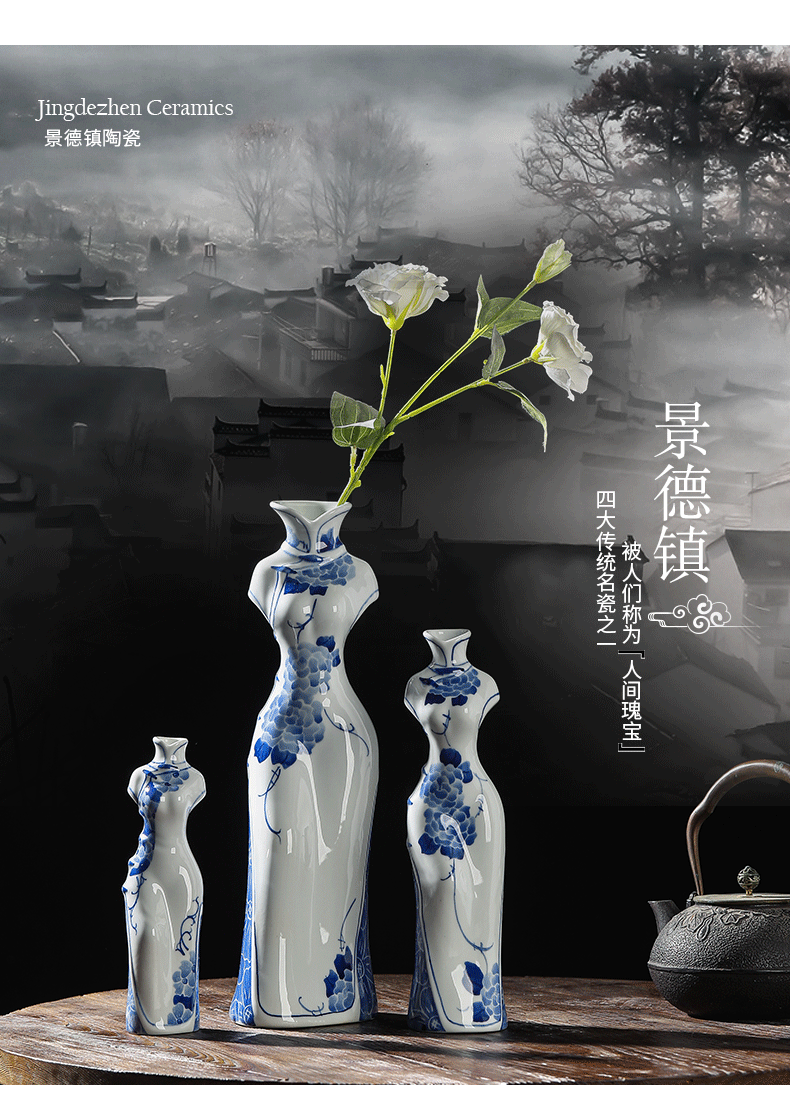 High temperature hydroponic ceramic vase cheongsam of jingdezhen blue and white porcelain vase qipao cheongsam vase classical Ming and the qing dynasty vase