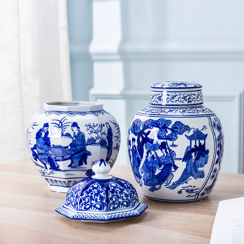 Blue and white porcelain jar with cover Chinese antique vases, flower arrangement sitting room porch decorate household ceramics furnishing articles storage tank