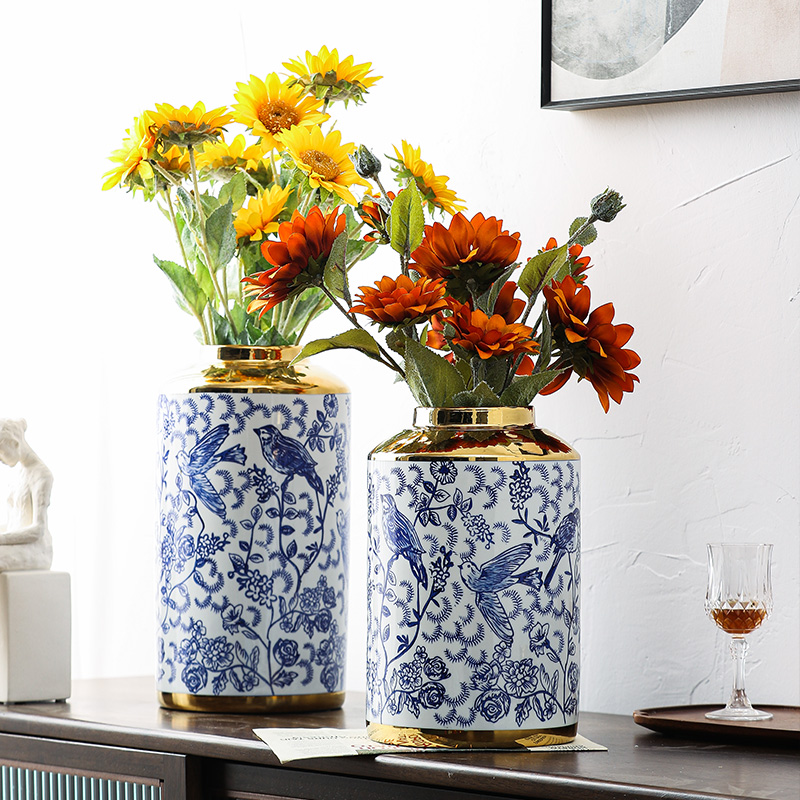 Light wind key-2 luxury gold - plated vase of blue and white porcelain ceramic vases, ceramic vase furnishing articles example room sitting room ceramic vase