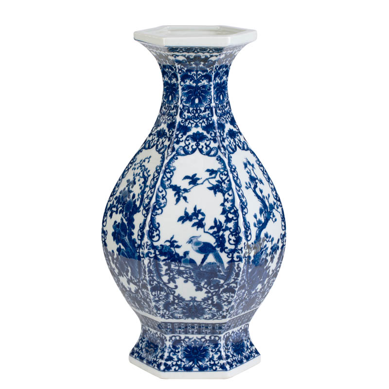 New classic modern Chinese jingdezhen porcelain ou flat ceramic blue and white porcelain vase rich ancient frame porch place