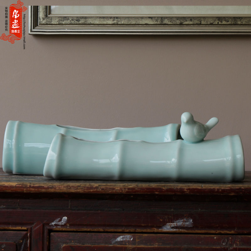 Jingdezhen ceramic checking shadow celadon big bamboo dried flower vases, flower implement desktop decoration porcelain decoration process