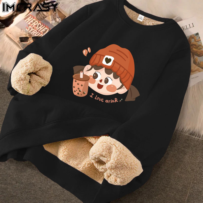 Petite Round-Neck Sweatshirt for Women, New Winter Student Style, Autumn and Winter Fleece-Lined Thickened Jacket, Lamb Wool Top for Girls Petite Round-Neck Sweatshirt for Women, New Winter Student Style, Autumn and Winter Fleece-Lined Thickened Jacket, Lamb Wool Top for Girls