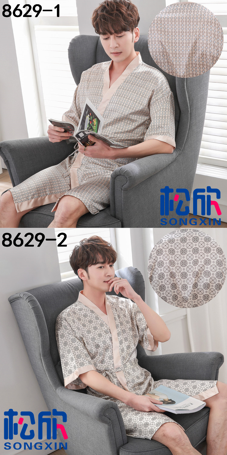 Đêm gown nam mùa hè ngắn tay lụa mỏng đồ ngủ dính liền mùa xuân và mùa thu dài mùa hè lụa áo choàng tắm băng lụa dịch vụ nhà áo ngủ