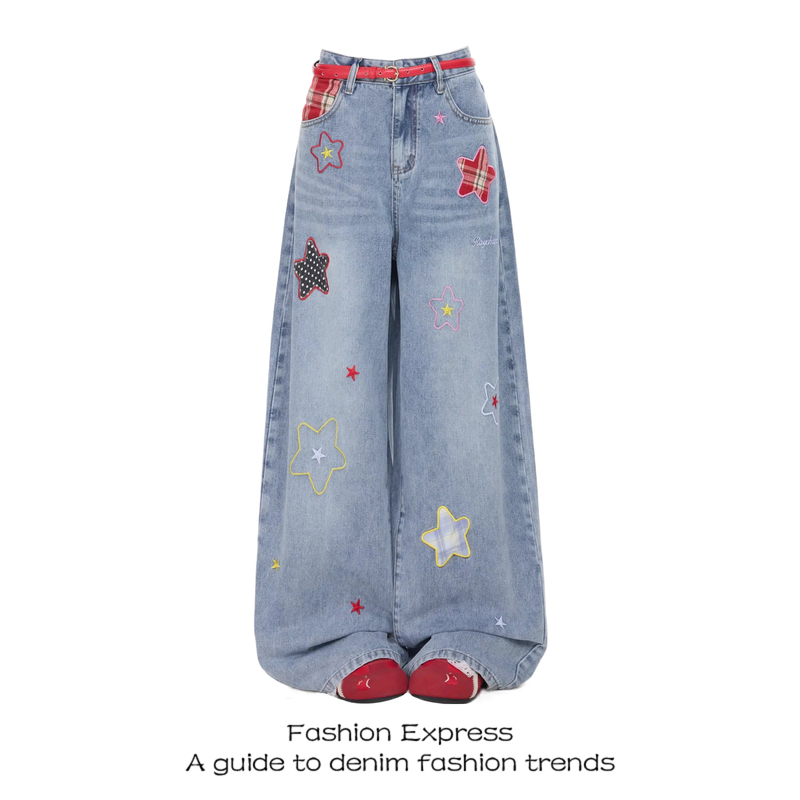 Star Embroidery Jeans for Women with Patchwork, Loose Fit, Slimming, Korean Style Trendy Versatile Straight Wide-Leg Pants