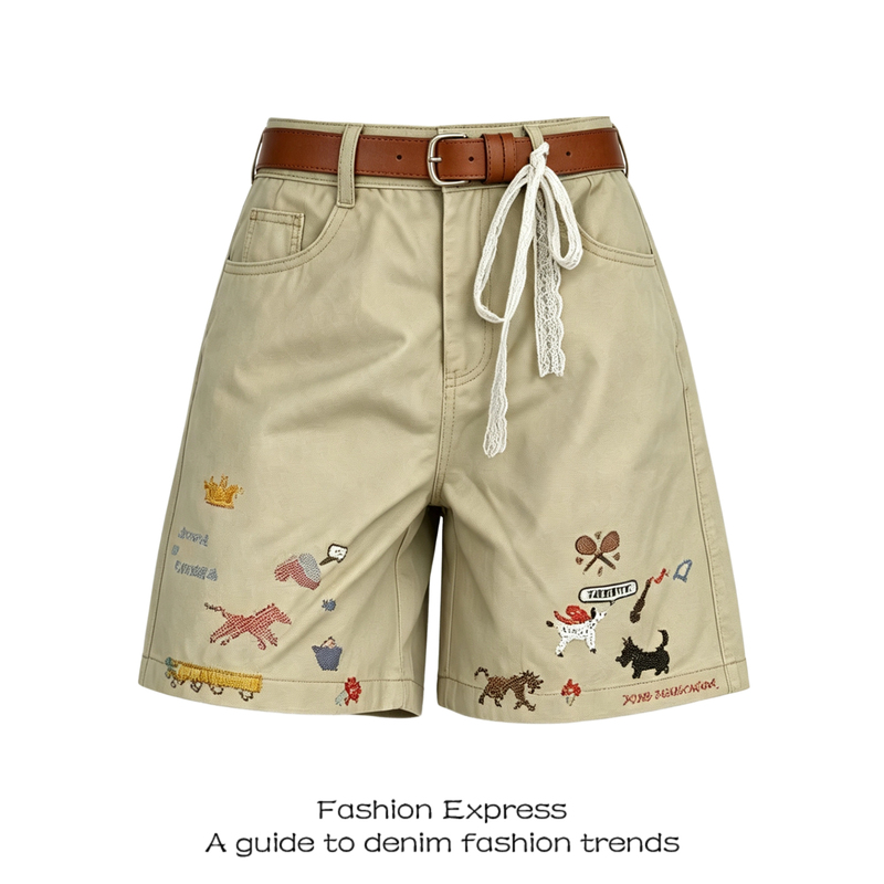 Khaki High-Waisted Washed Denim Shorts for Women, Summer 2026 New Fashion Cartoon Embroidery Design, Five-Point Denim Shorts