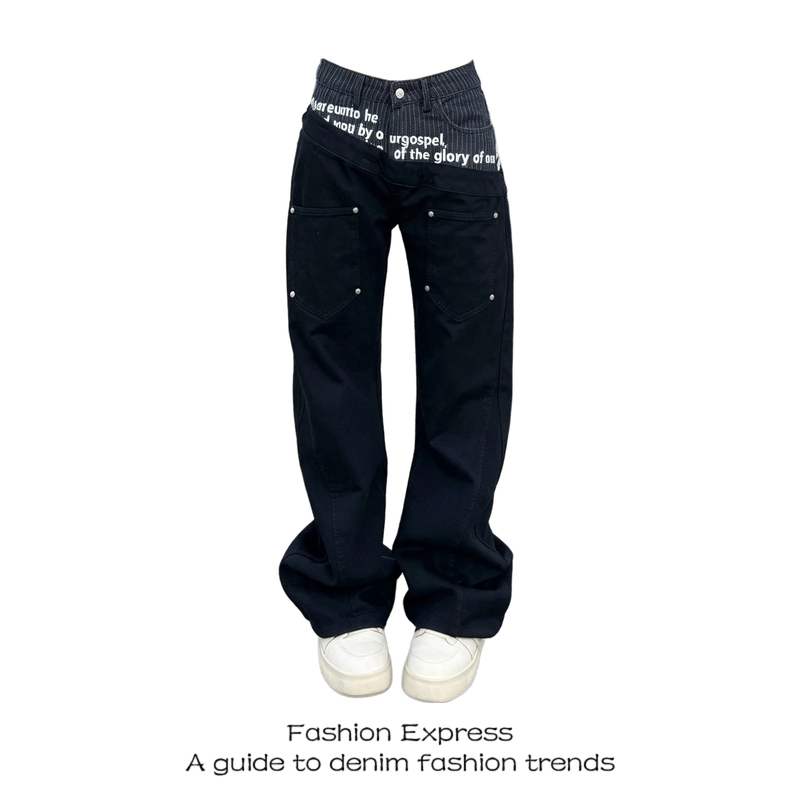 American-Style High-Waisted Jeans for Women with Irregular Double Waistband, Letter Print Design, Straight-Leg Flared Pants, Trendy American-Style High-Waisted Jeans for Women with Irregular Double Waistband, Letter Print Design, Straight-Leg Flared Pants, Trendy