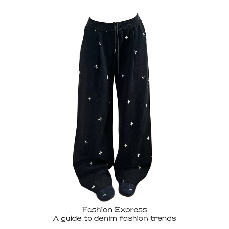 Black Casual Pants for Women, New Spring and Autumn Style, American Retro Cross-Print, Elastic Waist, Loose Fit, Slimming Sports Pants